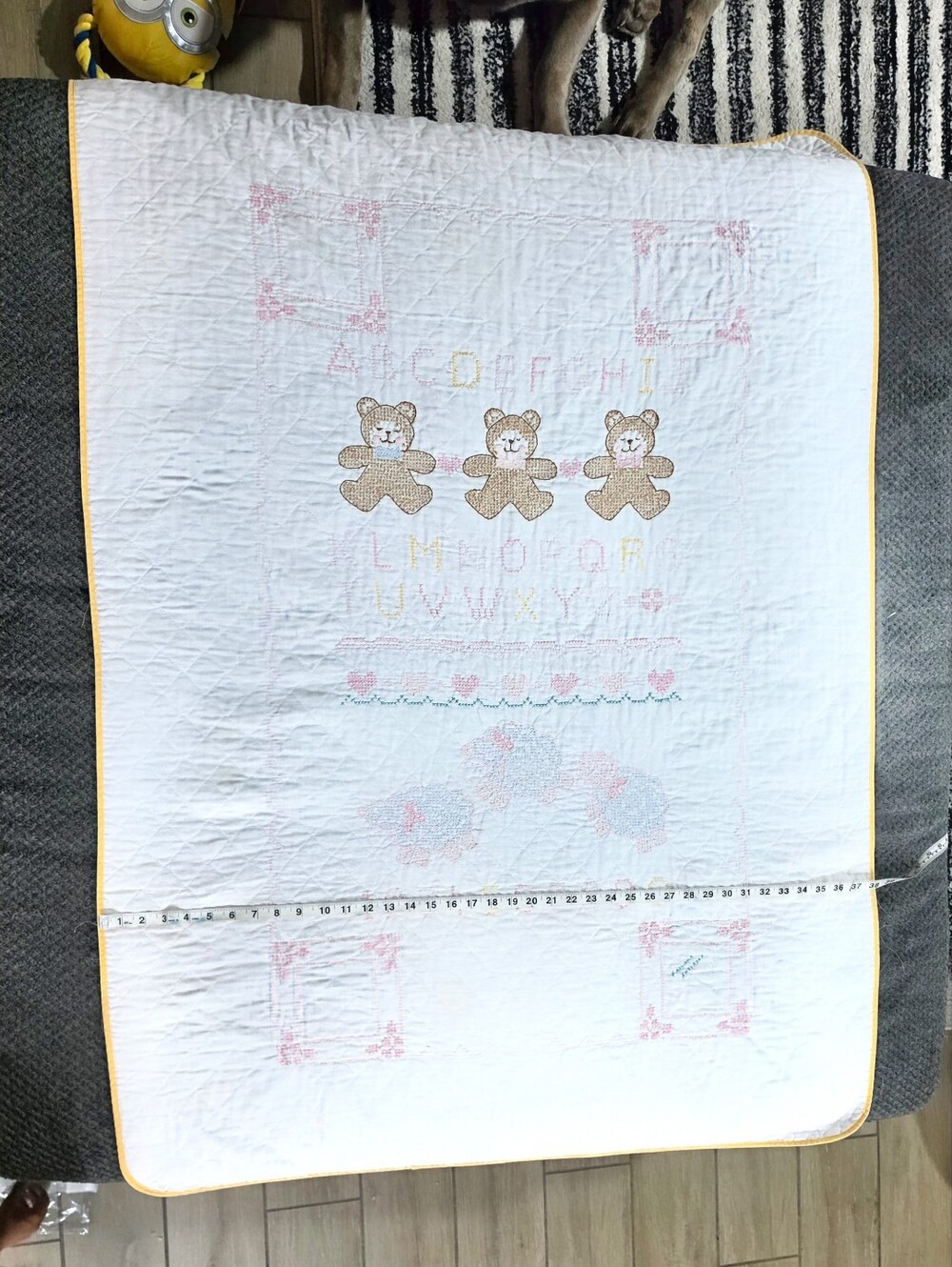 Hand Embroidered Cross Stitch Alphabet Teddy Quilt